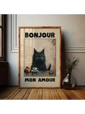 Ninastore Le Chat Noir Posteri: Bonjour Mon Amour Kara Kedi Bej Kanvas Tablo