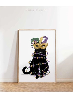 Ninastore Mardi Gras Dekorasyonu/ Mardi Gras Kedi Sanatı/ Yazdırılabilir Duvar Sanatı/ Mardi Gras Yazdırılabil