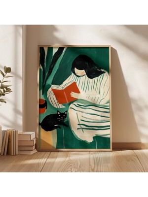 Ninastore Siyah Kedili Kitap Okuyan Kadın Sanat Eseri Baskısı: Rahat Yeşil Dekor (Dijital Indirme)