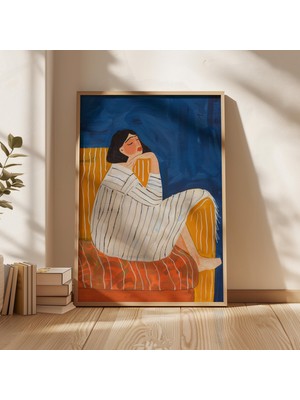 Ninastore Soyut Kadın Portresi Sanat Baskısı: Çizgili Elbise/ Mavi ve Sıcak Tonlar (Dijital Indirme)