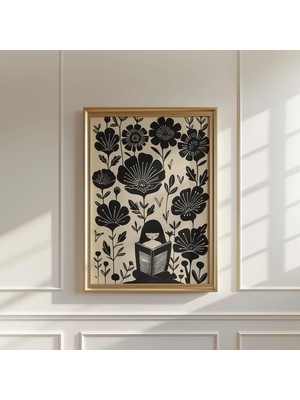 Ninastore Kitap Okuyan Kız Çocuk Sanat Baskısı: Soyut Çiçekli Çizgi Sanatı (Dijital Indirme)