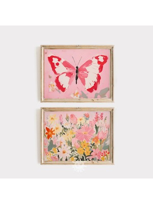 Ninastore Kız Çocukları Için Kelebek Baskılı 2'li Set / Pembe Çiçekli Şık Estetik Dekorasyon / Kız Çocuk Odası