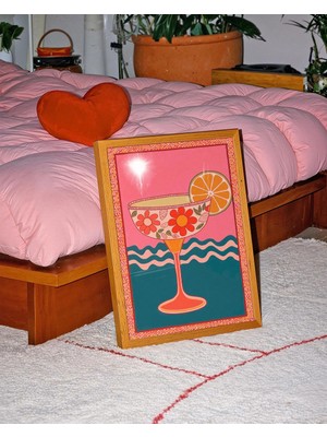 Ninastore Çiçekli Kokteyl Posteri: Margarita Baskısı/ Retro Bar Içecek Sanatı/ Pembe Turkuaz Duvar Dekoru