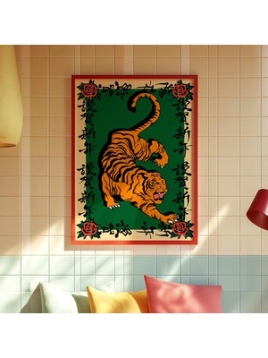 Ninastore Japon Kaplanı Posteri: Maksimalist Yeşil Duvar Sanatı (Dijital Indirme)