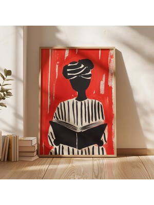 Ninastore Kırmızı ve Siyah Okuyan Kadın Sanat Baskısı: Minimalist Portre (Dijital Indirme)