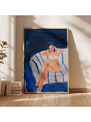 Ninastore Mavi ve Beyaz Kadın Dinlenme Pozu Sanat Baskısı: Minimalist Yaz Dekorasyonu (Dijital Indirme)
