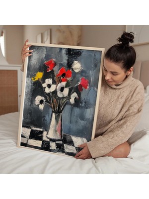 Ninastore Soyut Çiçekli Vazo Sanat Baskısı: Kırmızı/ Beyaz/ ve Kareli (Dijital Indirme)