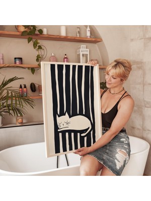 Ninastore Minimalist Uyuyan Kedi Sanat Baskısı: Siyah Beyaz Evcil Hayvan Dekorasyonu (Dijital Indirme)