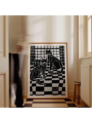 Ninastore Yüzyıl Ortası Modern Kedi Sanat Baskısı: Siyah Beyaz Soyut Duvar Dekoru (Dijital Indirme)