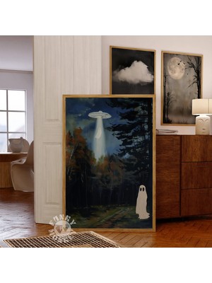 Ninastore Ufo Hayalet Sanat Baskısı / Retro Cadılar Bayramı Dekorasyonu / Ormanda Ufo Hayalet Tablosu / Seviml