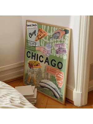Ninastore Chicago Seyahat Posteri/ Trend Şehir Duvar Sanatı Baskısı/ Kolaj Dijital Baskı/ Maksimalist Üniversi