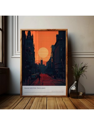 Ninastore Manchester Gün Batımı Şehir Manzarası Posteri: Ingiltere Seyahat Sanatı
