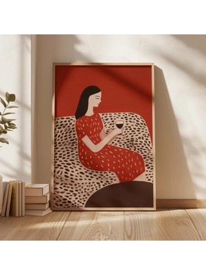 Ninastore Şarap Içen Kadın Sanat Baskısı: Leopar Desenli Kanepede Kırmızı Elbise