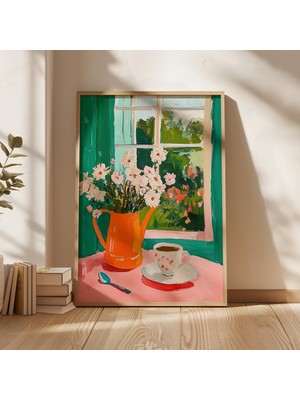Ninastore Çiçekli Kahve Fincanı Pencere Manzarası Baskısı: Rahat Mutfak Duvar Dekoru (Dijital Indirme)