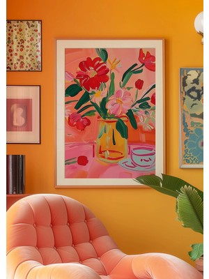 Ninastore Kırmızı Çiçek Yağlı Boya Tablo Baskısı: Retro Kitsch Duvar Sanatı