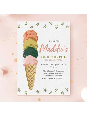 Ninastore Kız Bebekler Için Eğlenceli ve Neşeli Dondurma Temalı Ilk Doğum Günü Davetiyesi Şablonu / Yaz Dondur