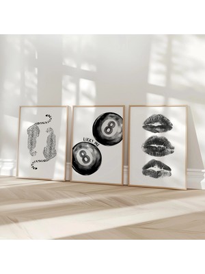 Ninastore 3'lü Şık Baskı Seti / Siyah Beyaz Eğlenceli 8 Top Dijital Baskı / Retro Öpücük Dudaklar Baskılı Post