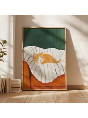 Ninastore Turuncu Çizgili Kedi Uyurken Baskı: Sevimli Evcil Hayvan Illüstrasyonu (Dijital Indirme)