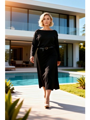 Benerly Kadın Kazak Elbise A Line Maxi Triko Kayık Yaka Standart Uzun Kol Fitilli Dokuma Düz Desen