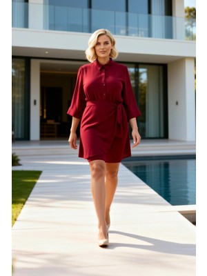 Benerly Kadın Büyük Beden Gömlek Yaka Uzun Kol Dokuma Düz Desen Mini Elbise Ilkbahar Sonbahar Kullanım