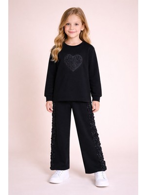 Cansın Mini Siyah Gül Detaylı Geniş Paça Pantolonlu Kız Çocuk Badili 2li Takım 23729