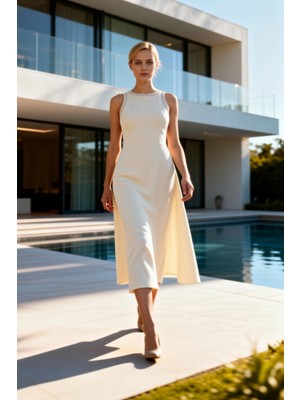 Benerly Kadın Büyük Beden Midi Elbise Kolsuz Bisiklet Yaka A Kesim Dokuma Kumaş Taş Detaylı Abiye Gece