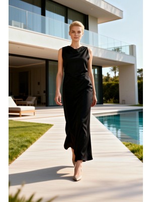 Benerly Kadın Büyük Beden Maxi Elbise Uzun Degaje Yaka Kolsuz Saten Dokuma Düz Desen Fonksiyonel Şık