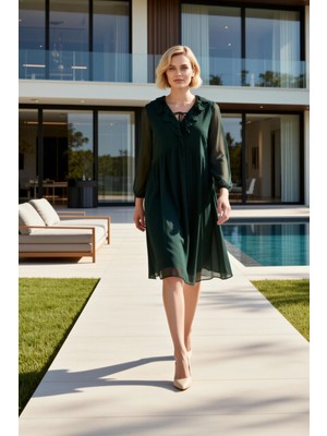 Benerly Kadın Büyük Beden Maxi Elbise V Yaka Uzun Kol Şifon Dokuma Volanlı Düz Kalıp A Kesim Rahat