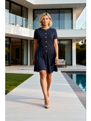 Benerly Kadın Büyük Beden Mini Elbise Bisiklet Yaka Kısa Kol Düz Örme Süprem Dokuma Dökümlü A Kesim