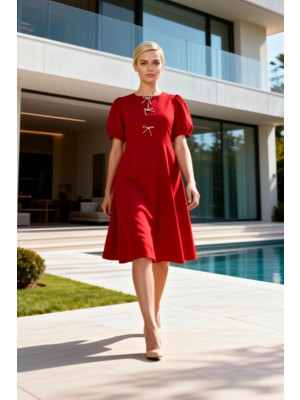 Benerly Kadın Büyük Beden Elbise Bisiklet Yaka Balon Kol Skater Kesim Finike Dokuma Midi Boy Düz Şık