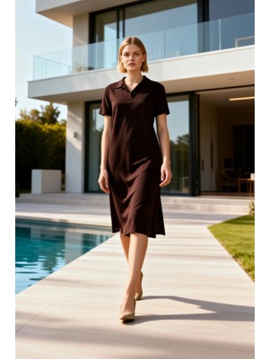 Benerly Kadın Büyük Beden Midi Elbise Polo Yaka Kısa Kol Shift Kalıp Yırtmaçlı Örme Düz Normal Kesim