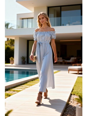 Benerly Kadın Maxi Elbise Carmen Yaka Kısa Balon Kol Çizgili Desen Dokuma Kumaş Shift Kalıp Astarsız