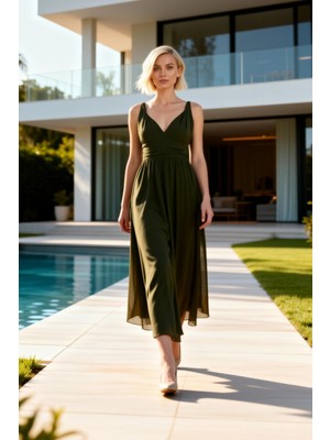 Benerly Kadın Büyük Beden Maxi Elbise V Yaka Kolsuz A Kesim Tül Örme Kumaş Büzgülü Bel Düz Desenli