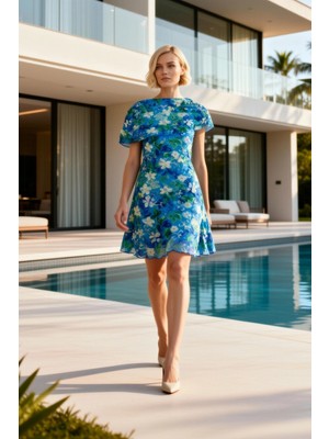 Benerly Kadın Büyük Beden Mini Elbise Asimetrik Yaka Tek Omuz Kol Örme Tül Kumaş Çiçek Desenli