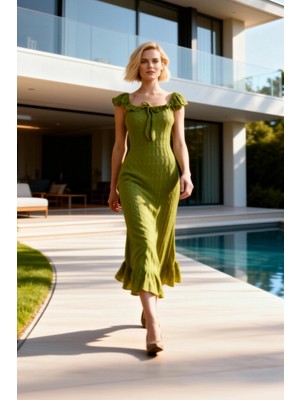 Benerly Kadın Bodycon Etek Maxi Elbise Kalıp Askılı Yaka Volanlı Omuz Kolsuz Örme Desenli Ucu Spor