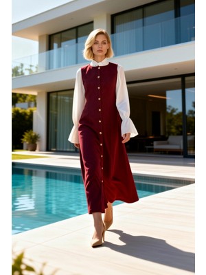 Benerly Kadın Elbise Jile Bisiklet Yaka Kolsuz Dokuma Düğmeli Maxi Boy Shift Kalıp Full Düğme Kapama