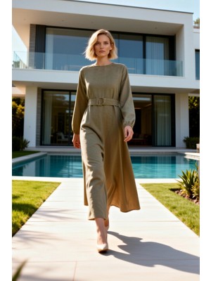 Benerly Kadın Maxi Elbise Bisiklet Yaka Uzun Kol Kuşaklı Dokuma Görünümlü Astarsız Düz Desenli