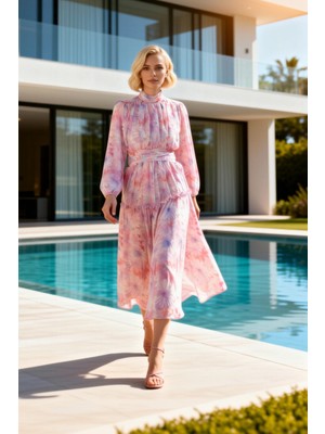 Benerly Kadın Maxi Elbise Dik Yaka Balon Kol Uzun Şifon Dokuma Çiçek Desenli Astarlı Skater Kalıp Şık