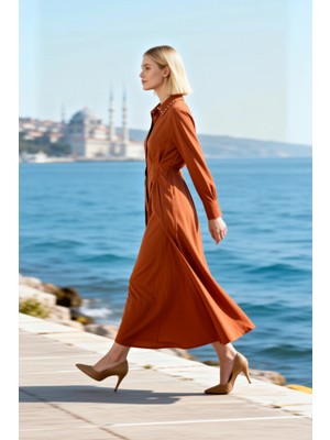Benerly Kadın Maxi Elbise Yaka Uzun Kol Inci Detaylı Dokuma Terrycotton Kumaş Astarsız Spor