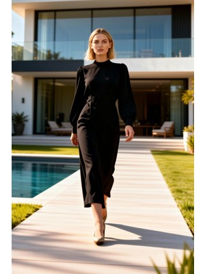 Benerly Kadın Maxi Elbise Dik Yaka Uzun Balon Kol Aerobin Dokuma Astarsız Düz Desen Bağlama Detaylı