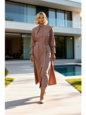 Benerly Kadın Maxi Elbise A Kesim Geniş Yaka Uzun Kol Düğmeli Manşet Dokuma Kumaş Düz Desen Astarsız Günlük