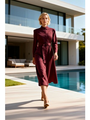 Benerly Kadın Elbise Gömlek Yaka Uzun Kol Dokuma Terrycotton Kemer Toka Detaylı Skater Kalıp Maxi Boy Düz