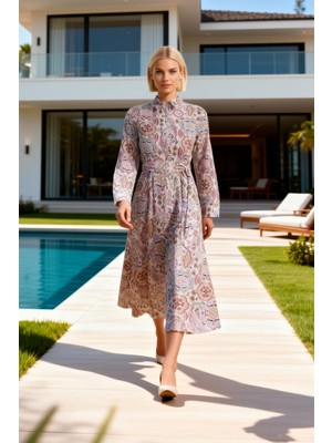 Benerly Kadın Maxi Elbise Yaka Uzun Kol A Line Kalıp Çiçekli Desen Dokuma Astarsız Günlük Kullanım