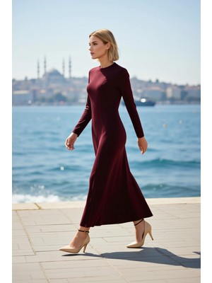 Benerly Kadın Maxi Elbise A Kesim Bisiklet Yaka Uzun Standart Kol Örme Dökümlü Interlok Nervür Dikiş Detaylı
