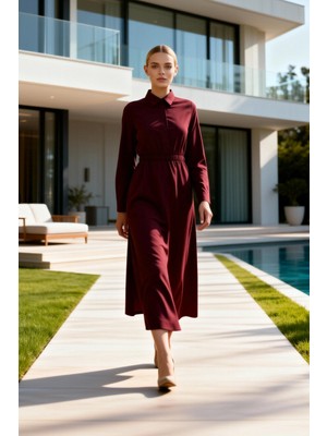 Benerly Kadın Elbise Gömlek A Kesim Yaka Uzun Kol Dokuma Kumaş Beli Lastikli Astarsız Düz Desen Maxi Boy