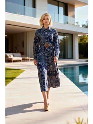 Benerly Kadın Elbise Gömlek Tesettür Yaka Uzun Kol Dokuma Terrycotton Etnik Desenli A Kesim Maxi Boy