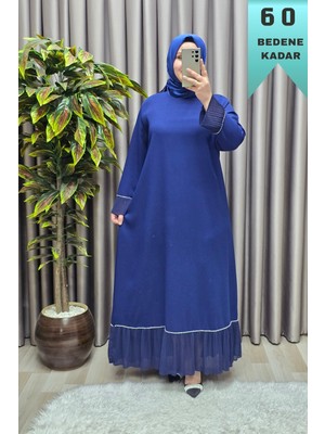 Elmas Tesettür Kadın Giyim Büyük Beden Kolu ve Etek Ucu Piliseli Taşlı Abiye Elbise