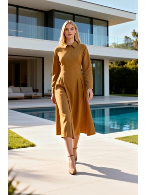 Benerly Kadın Elbise Gömlek Yaka Uzun Kol A Kesim Maxi Boy Dokuma Terrycotton Düz Desen Astarsız Kemerli