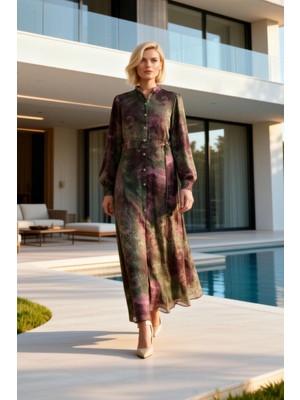 Benerly Kadın Maxi Elbise Yaka Uzun Kol Şal Desenli Astarlı A Kesim Dokuma Yoryo Şifon Kuşaklı