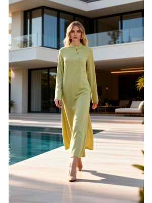 Benerly Kadın Maxi Elbise A Kesim Dik Yaka Uzun Geniş Kol Düz Desen Dokuma Aerobin Kumaş Düğme Detaylı